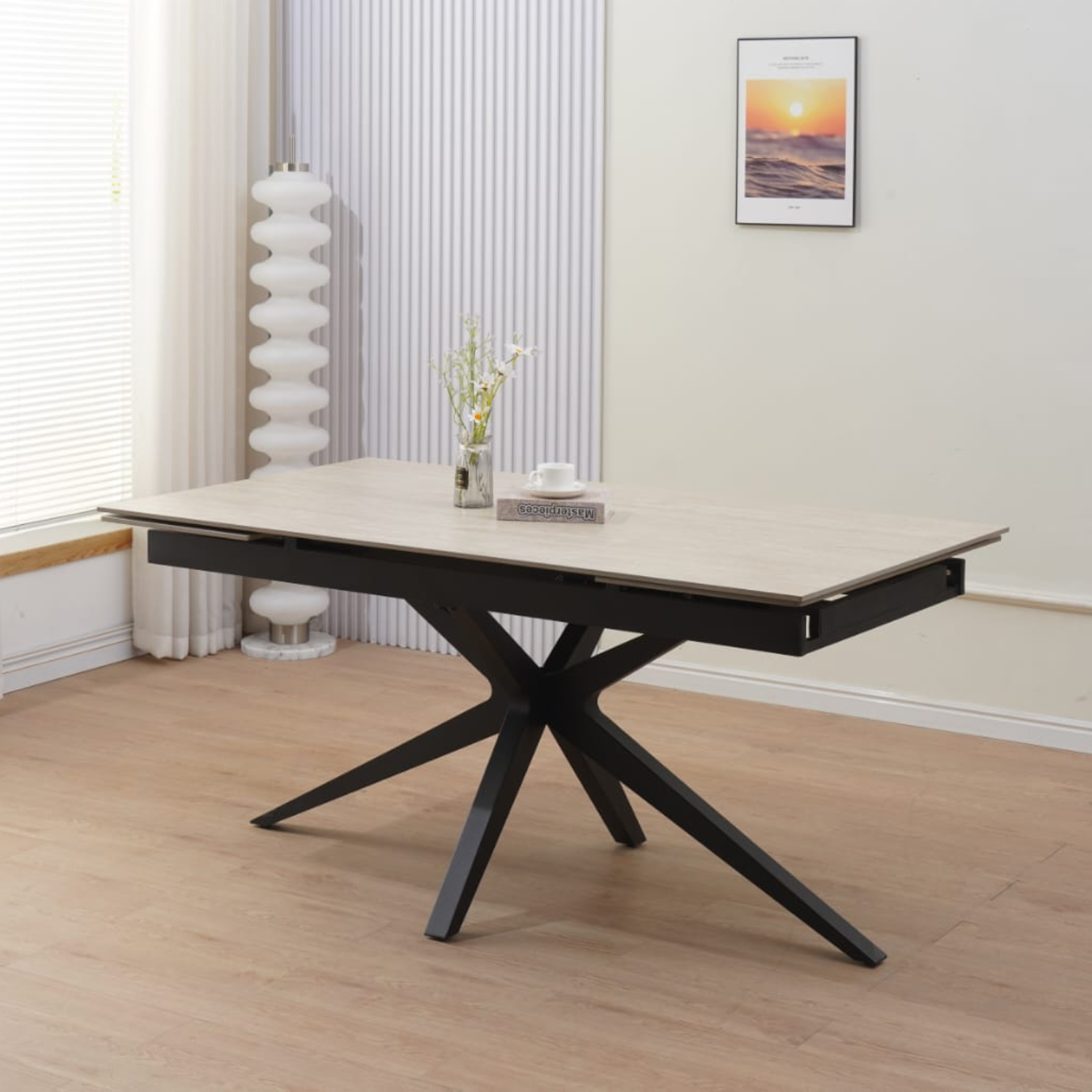 Table à manger extensible – Plateau céramique travertin mat ou blanc – Pied métal noir – 160/240x90x76 cm