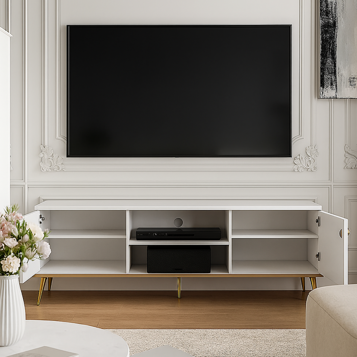 Meuble TV en Bois Blanc Laqué Brillant avec pieds dorés