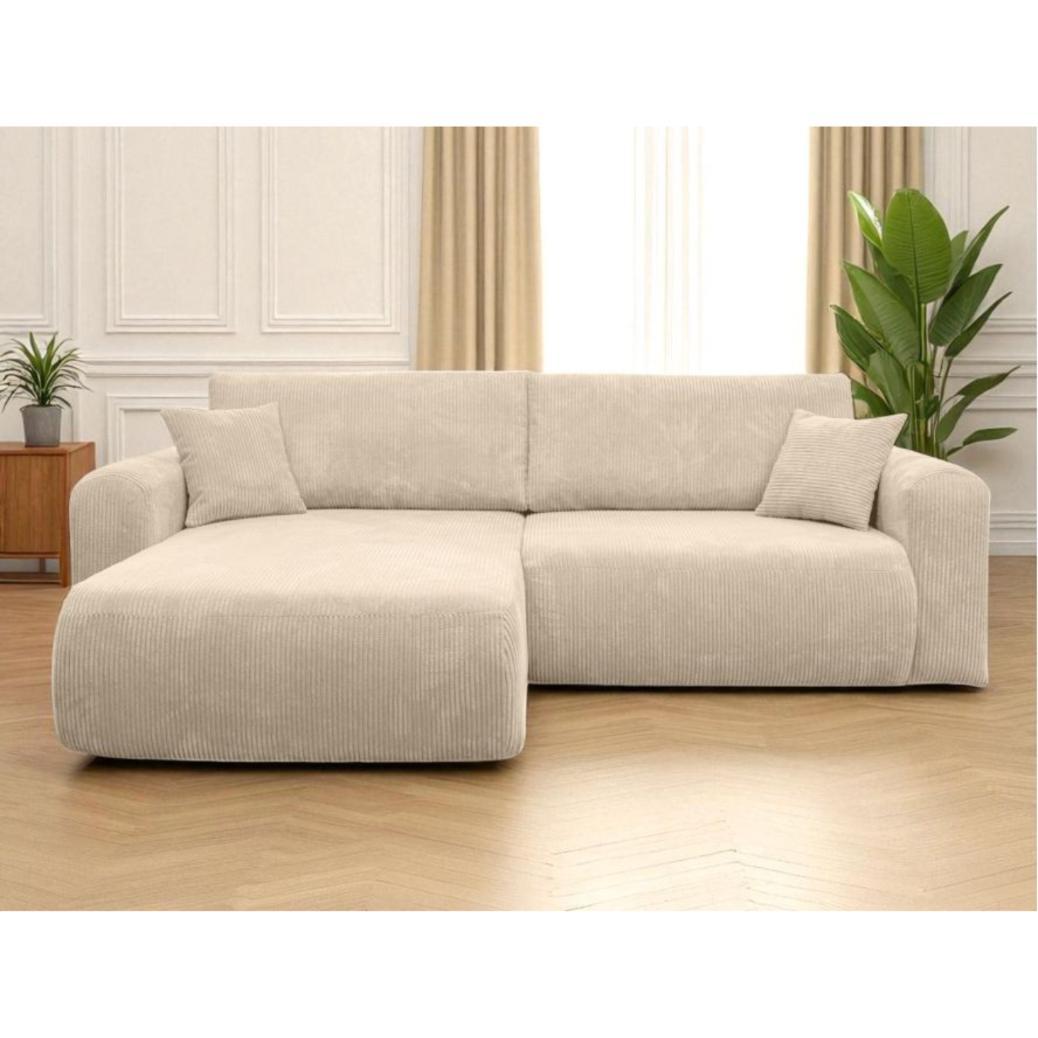 Canapé d’Angle Réversible – 4 Places – Convertible avec Coffre – Tissu Bouclette ou Velours Côtelé