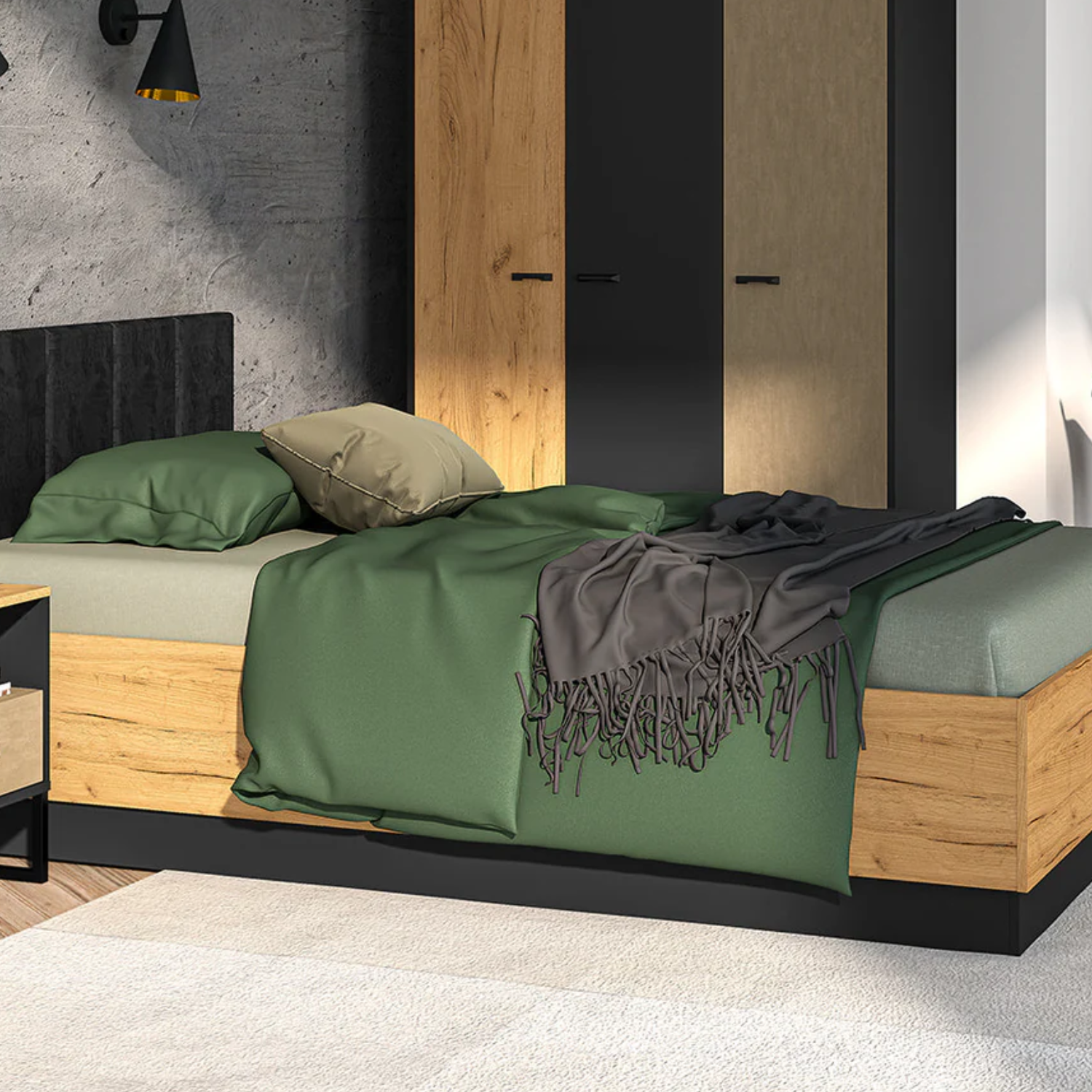 Lit en Chêne Craft Or et Noir avec Appuie-Tête en Velours Noir – Design Élégant et Résistant