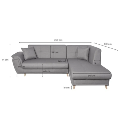 Canapé d'angle fixe convertible en tissu et pieds bois