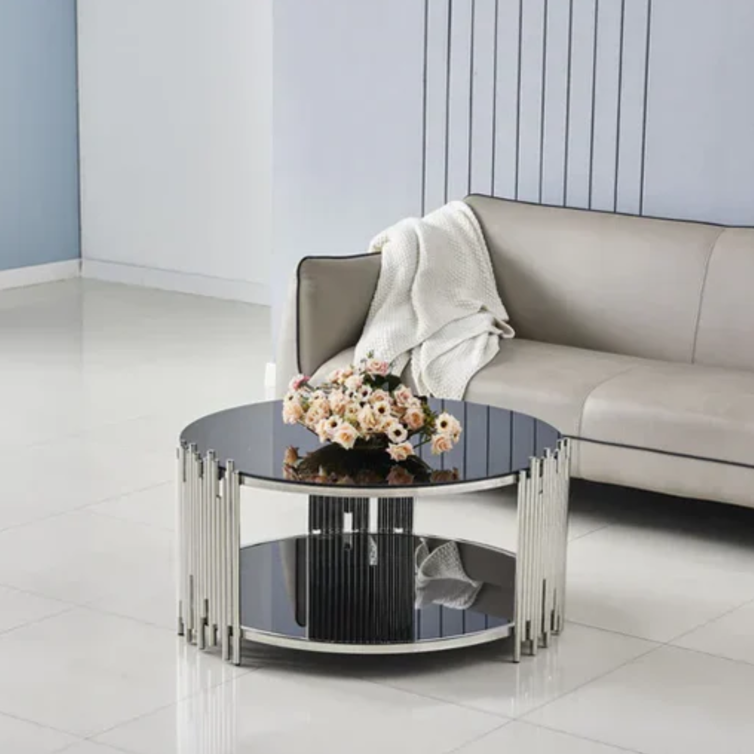 Table basse plateau couleur blanc pieds pieds dorés en acier inoxydable