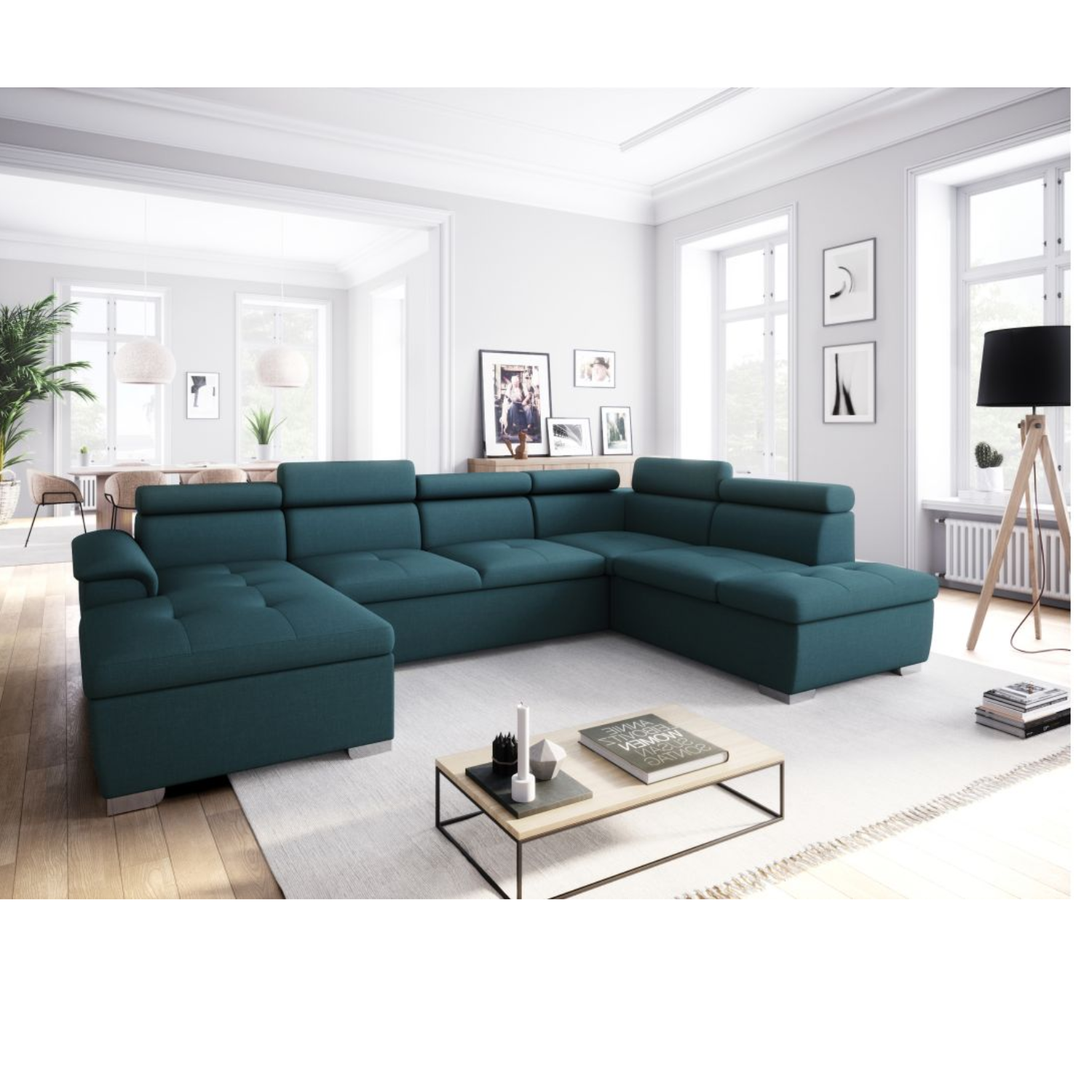 Canapé panoramique convertible avec 2 coffres en tissu