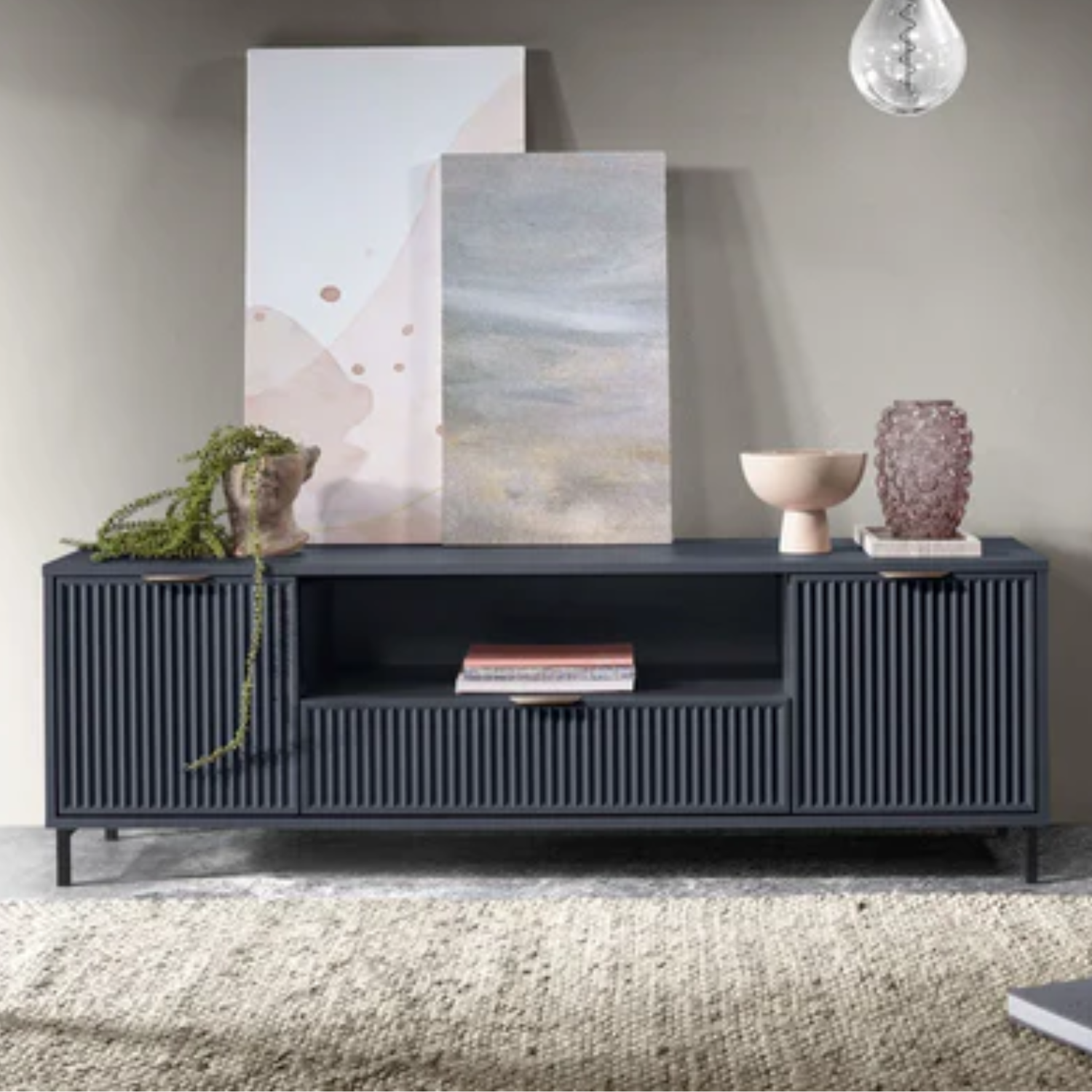 Meuble TV moderne avec rangements – 2 portes + tiroir + étagère centrale – 165 cm