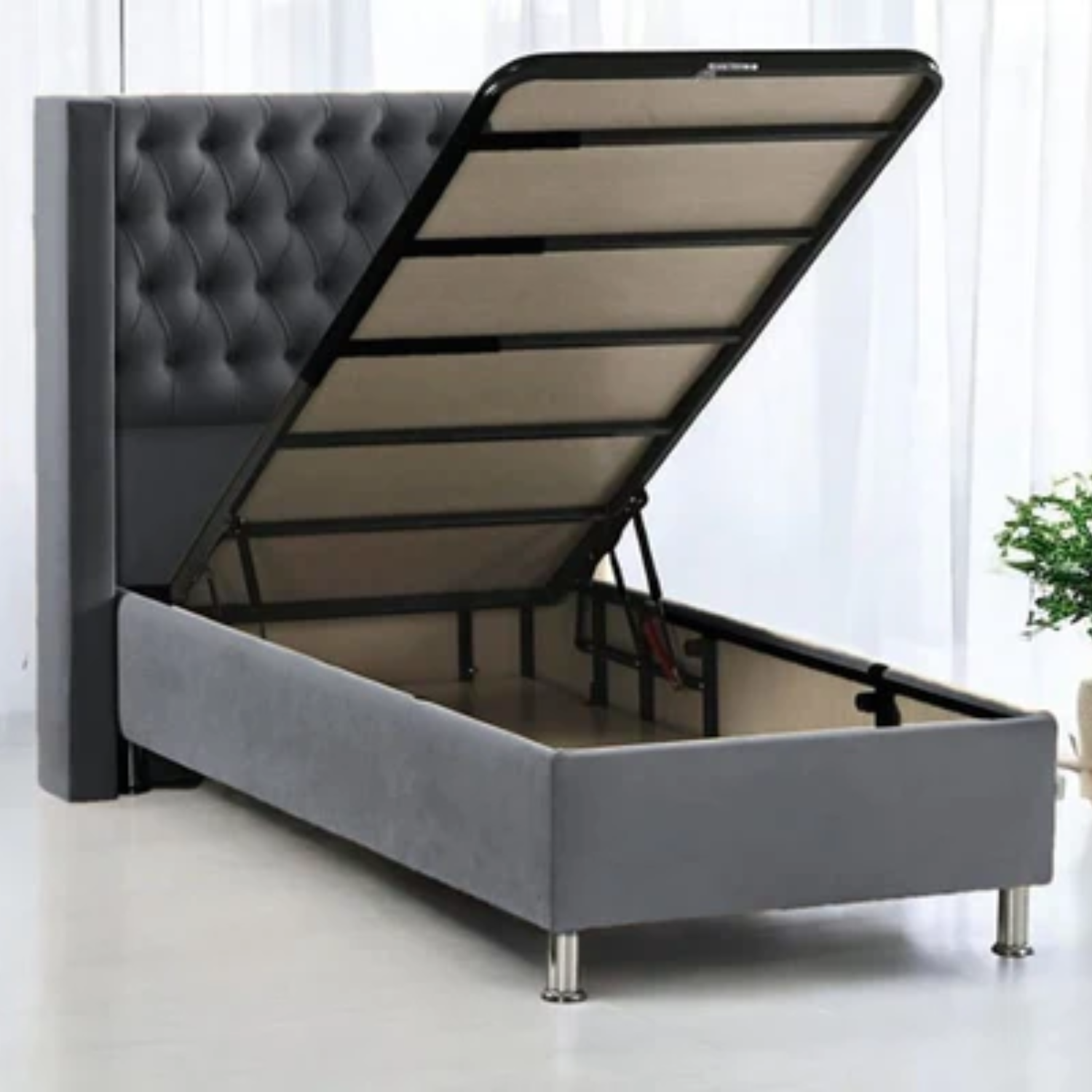 Lit Coffre 90x190 en Velours – Tête Capitonnée et Rangement Intégré, Beige ou Gris