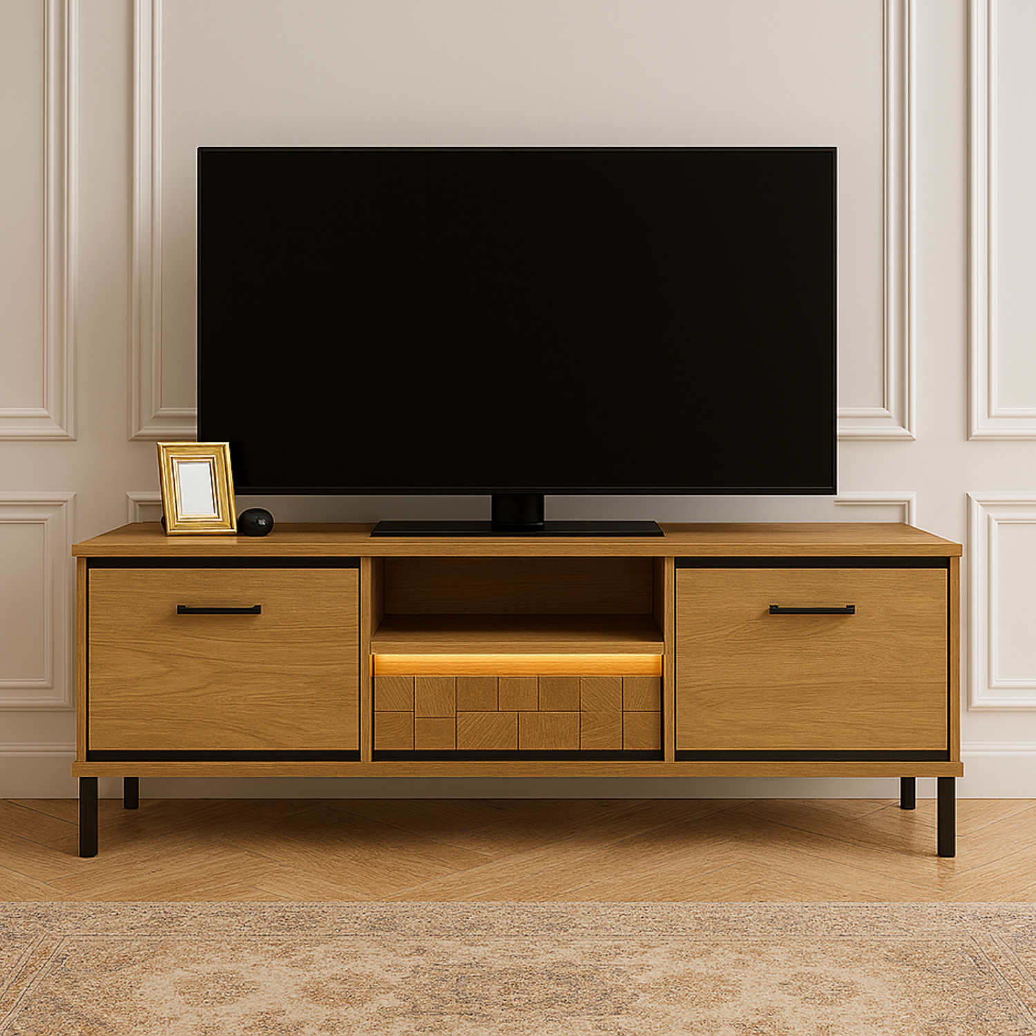 Meuble TV avec tiroir et étagères – teinte bois naturelle en deux dimensions – 139 cm et 181 cm
