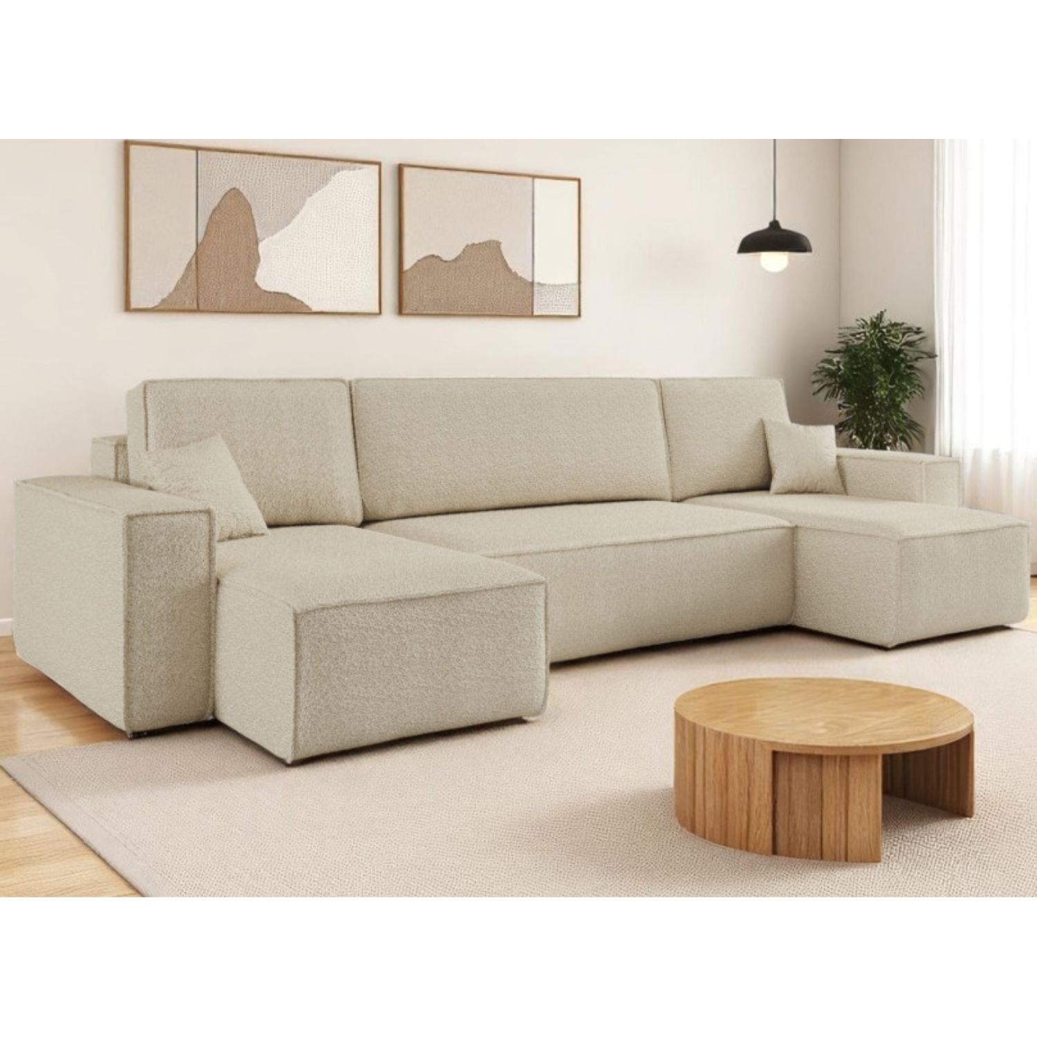 Canapé d'angle panoramique convertible 6 places en tissu bouclette