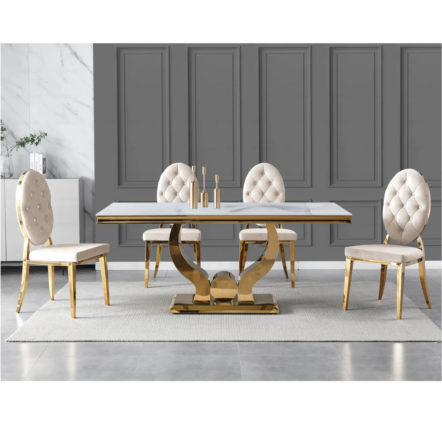 Ensemble salle à manger – Table marbre blanc pieds dorés & 4 chaises velours taupe