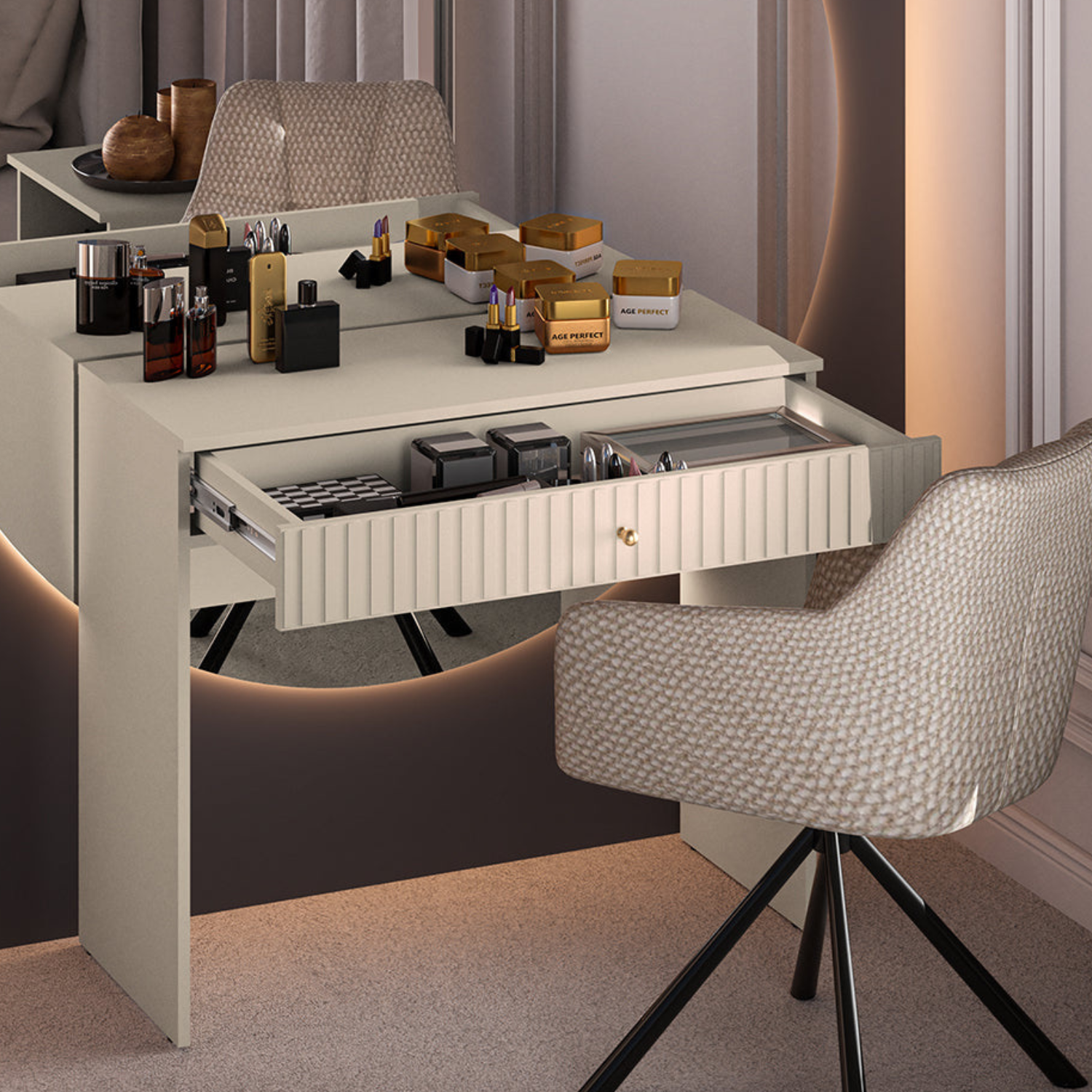 Coiffeuse Sofina en MDF Cachemire avec Tiroir Spacieux et Pieds Métalliques Noirs