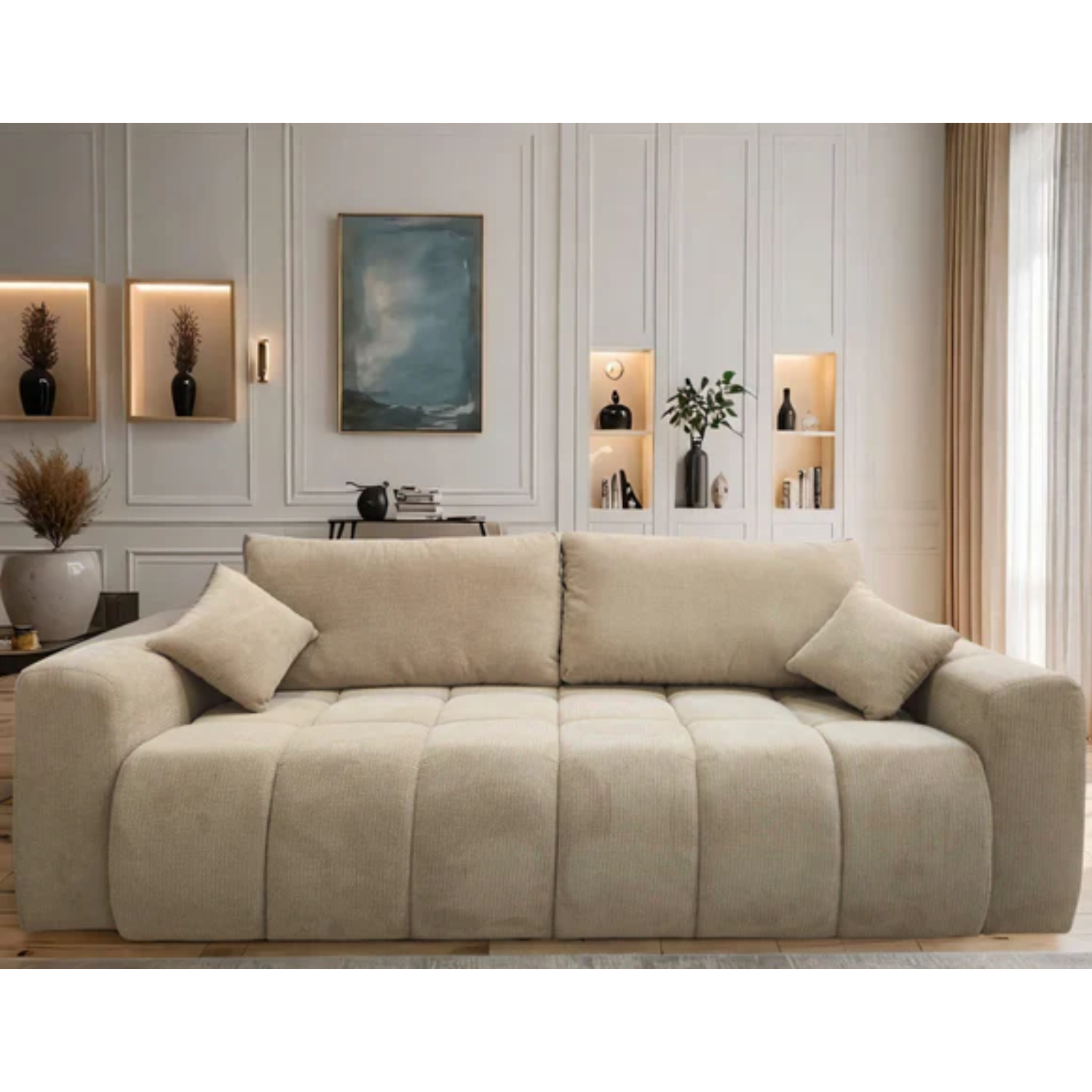 Canapé convertible avec accoudoirs – Couchage élargi & confort moderne en tissu Dunbar 25, disponible en gris ou en beige