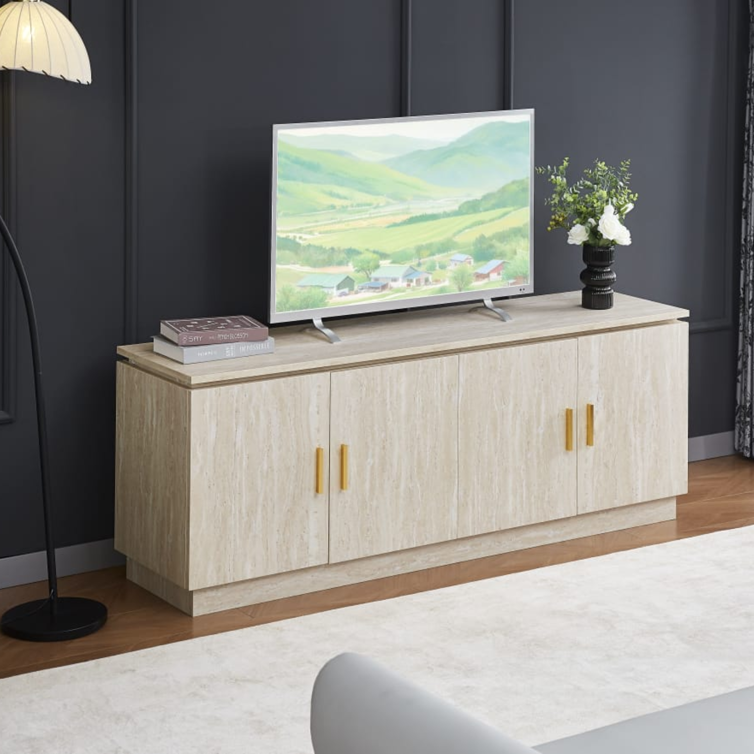 Meuble TV 160x40x61 cm – MDF Bois Clair, 4 Portes Battantes, Rangement Pratique