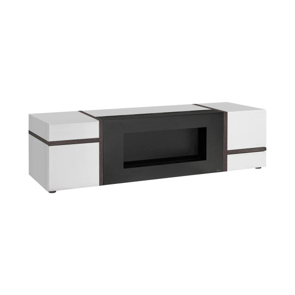 Meuble TV CROSS avec cheminée bioéthanol, white and orme Perla — vue 2