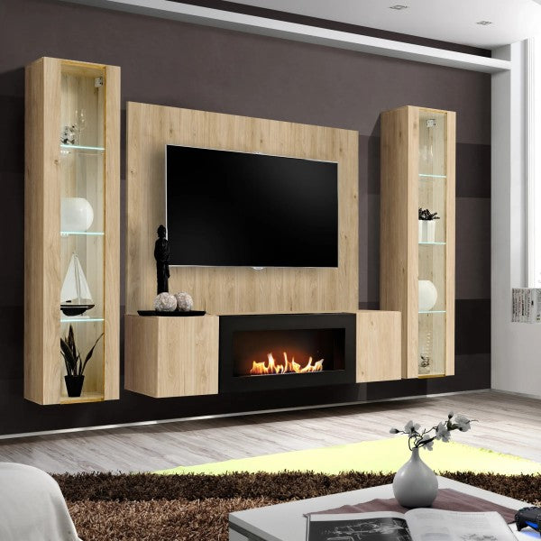 FLY M-P2 wall unit avec cheminée bioéthanol and a panel, hickory Jackson — vue 2