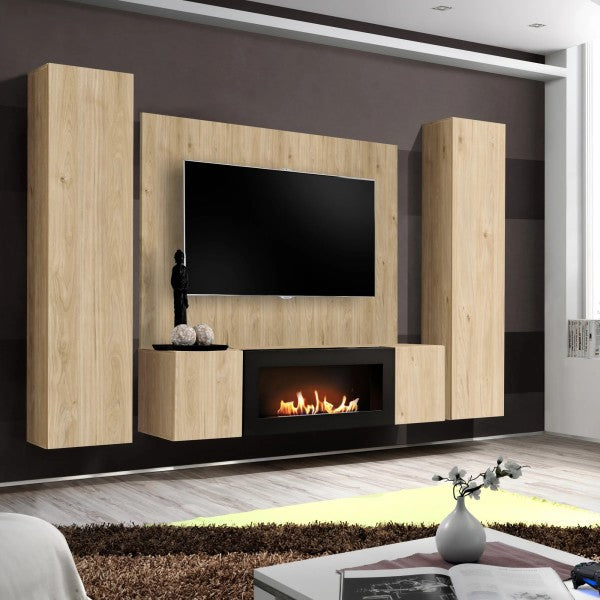 FLY M-P1 wall unit avec cheminée bioéthanol and a panel, hickory Jackson — vue 2