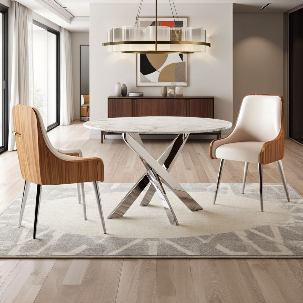 Table à manger ALIA ronde marbre blanc structure métal argentée|Destockage Express|Decora Home