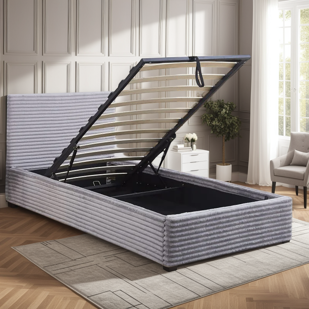 Lit Coffre Maia Côtelé en Velours Écru ou Gris – Style Moderne et Rangement Pratique - Decora Home