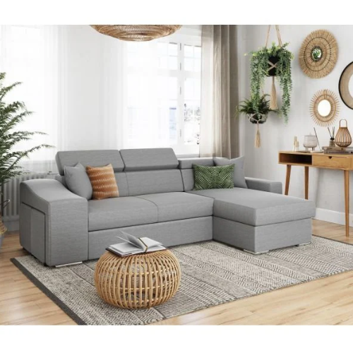 Canapé d'angle réversible, convertible avec coffre et 2 poufs en tissu