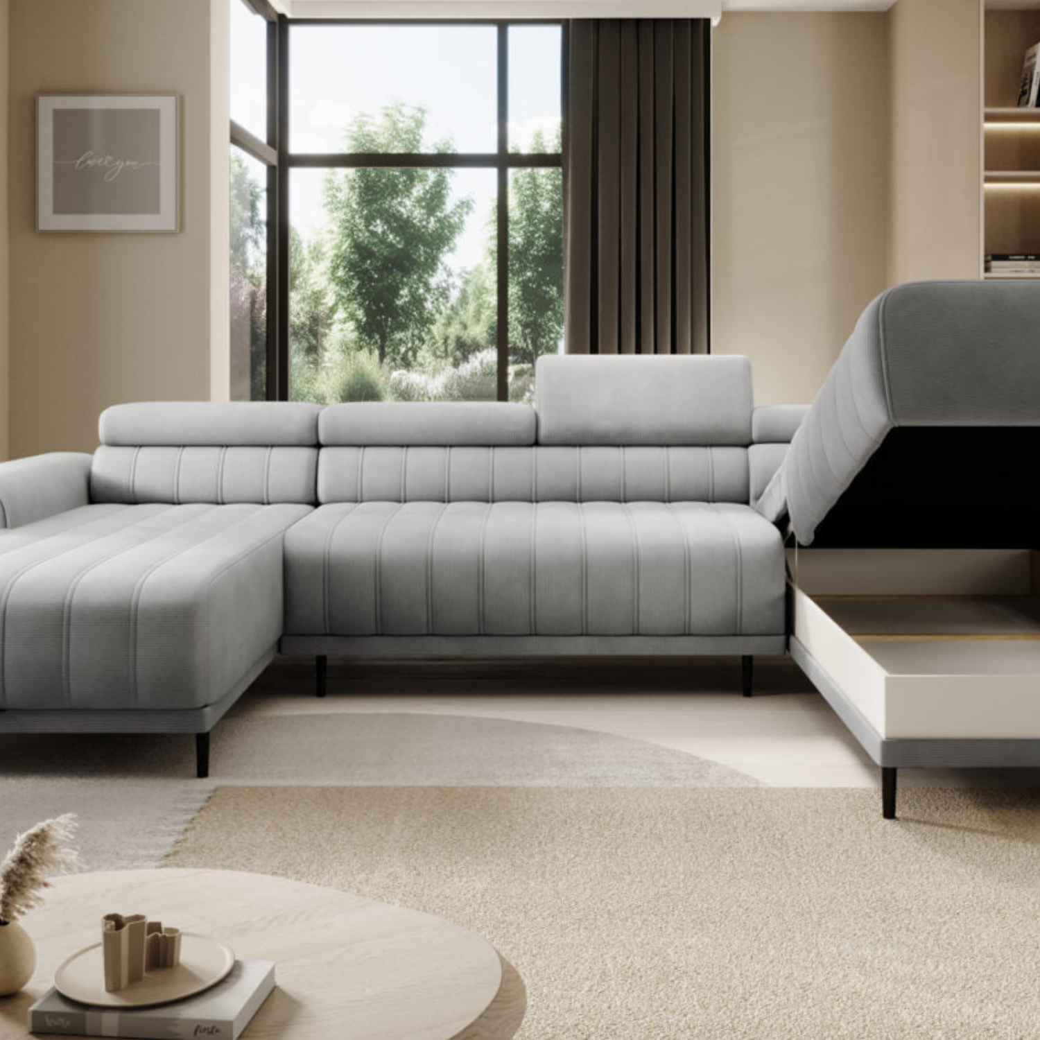 Canapé d’angle – Design moderne, appuis-tête réglables, lit d’appoint & coffre de rangement