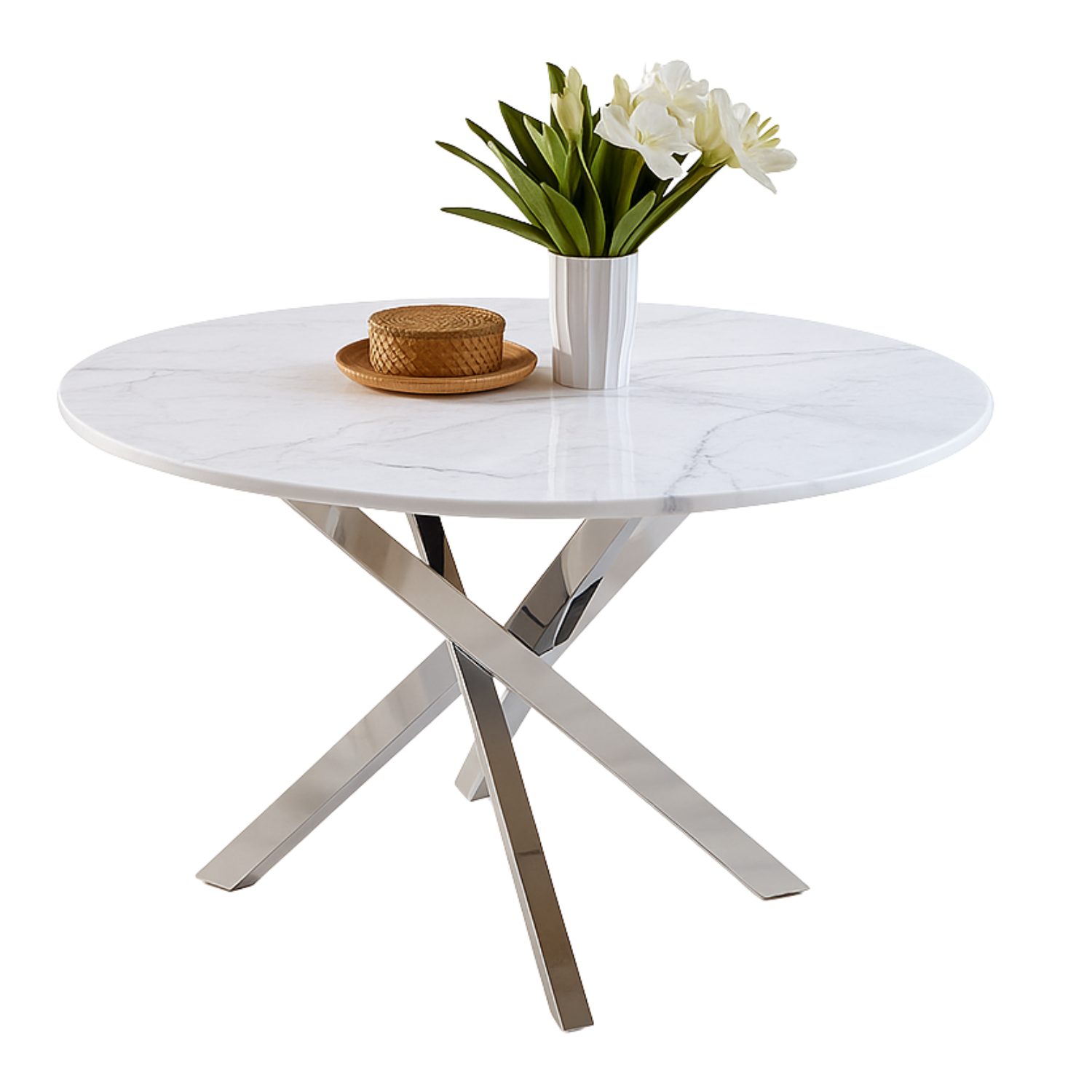 Table Basse Ronde en Verre ou Effet Marbre avec Structure Dorée ou Argentée
