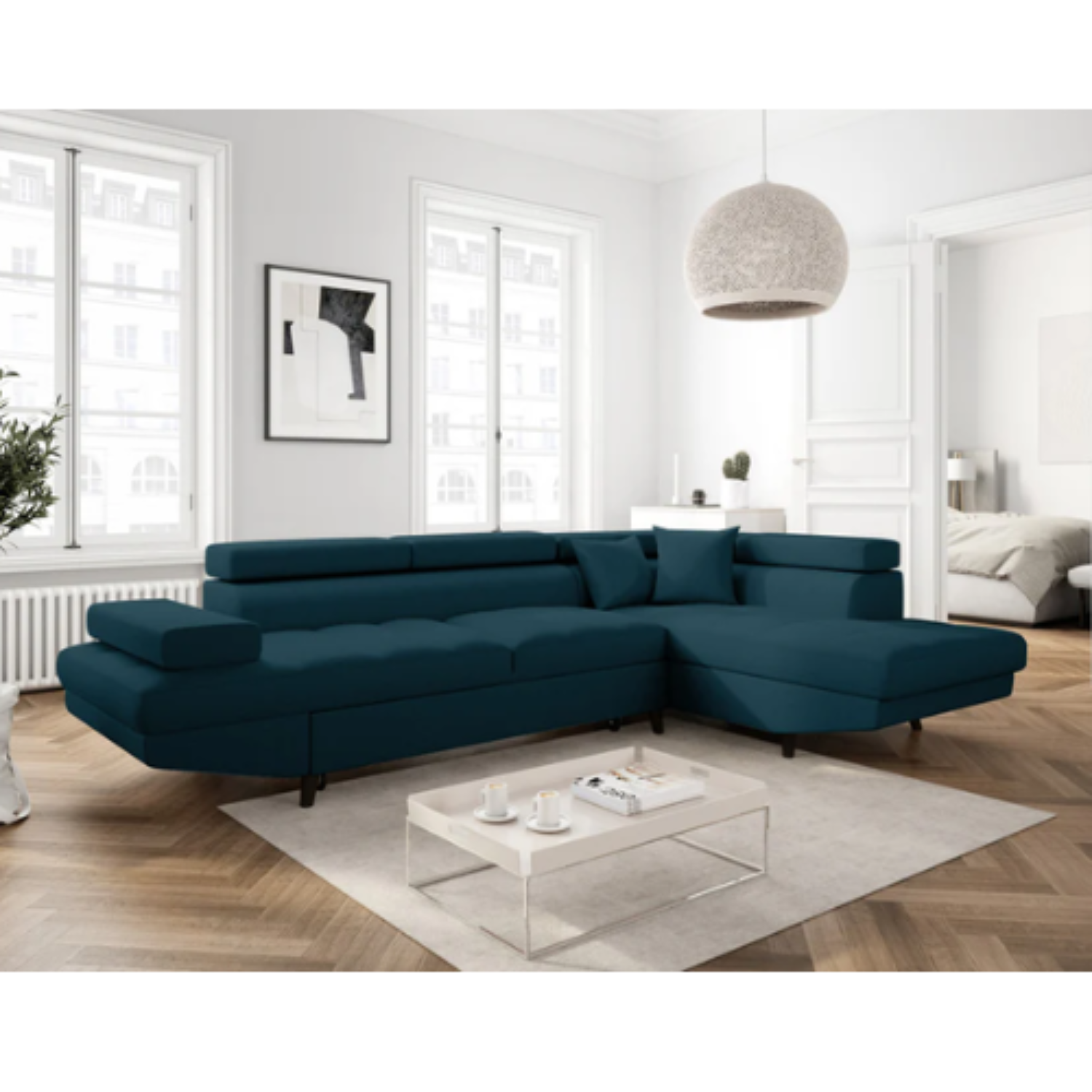 Canapé d'angle  convertible panoramique 5 places avec coffre – Confort, design et praticité au quotidien