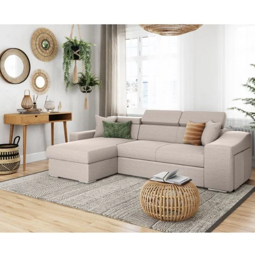 Canapé d'angle réversible, convertible avec coffre et 2 poufs en tissu