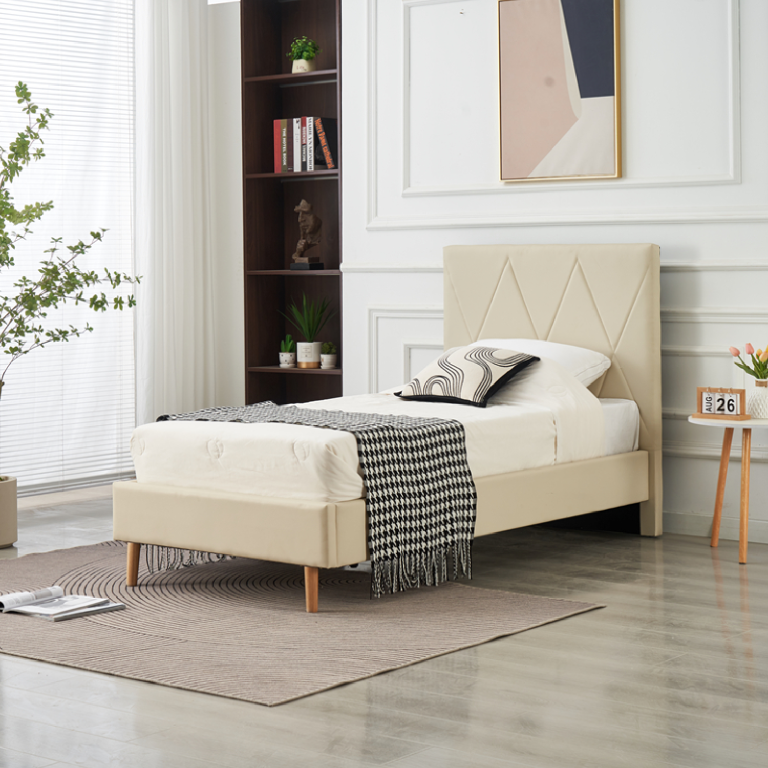 Lit Simple Pied Bois en Similicuir – Blanc, Beige, Noir, Gris – 90x190, 140x190, 160x200 cm