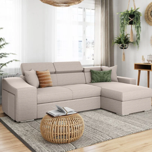 Canapé d'angle réversible, convertible avec coffre et 2 poufs en tissu