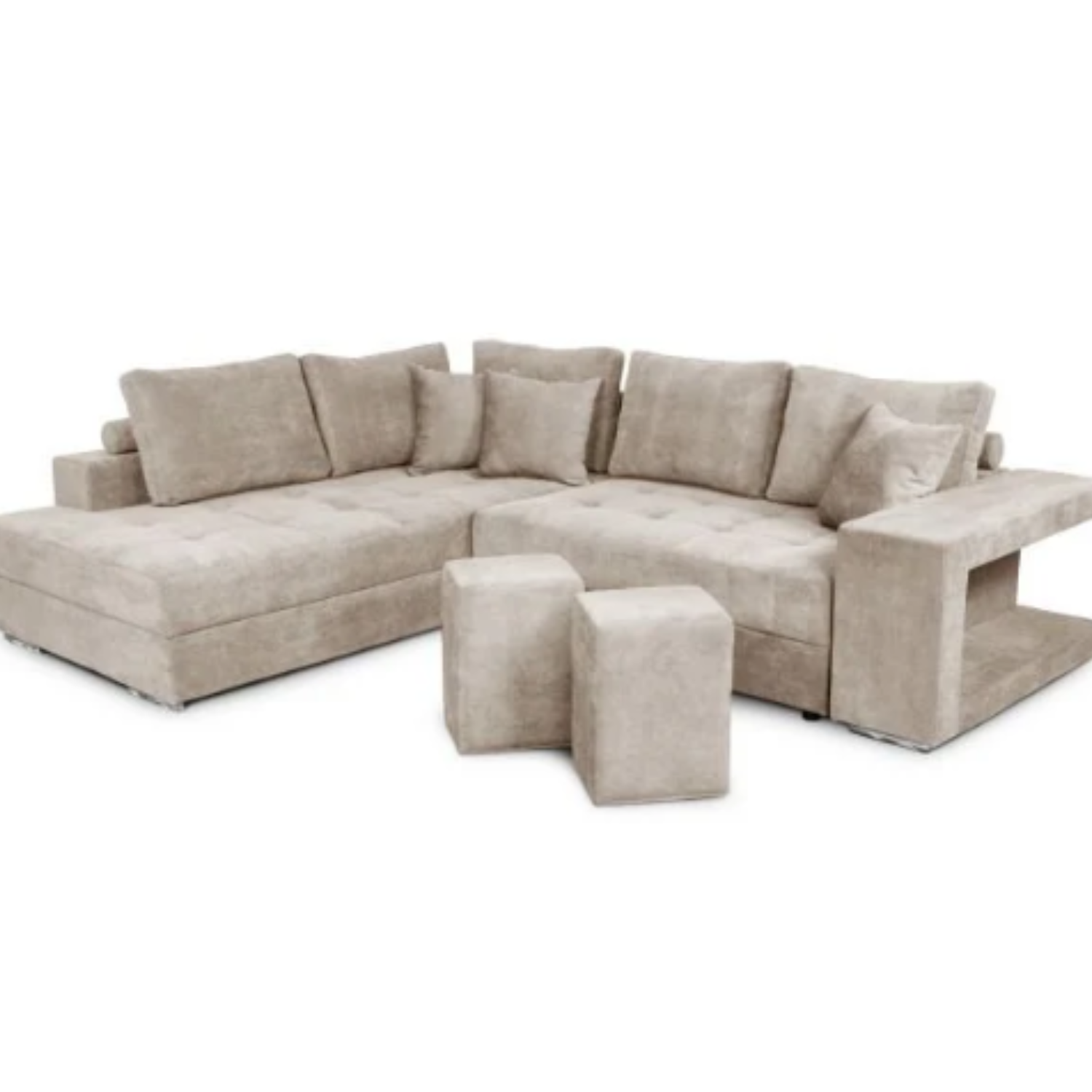 Canapé d'angle convertible avec 2 poufs et coffre en tissu