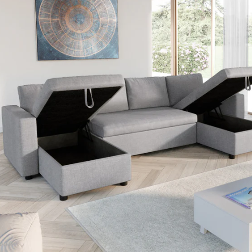 Canapé U panoramique convertible avec 2 coffres en tissu