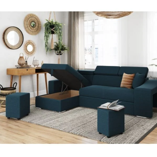 Canapé d'angle réversible, convertible avec coffre et 2 poufs en tissu