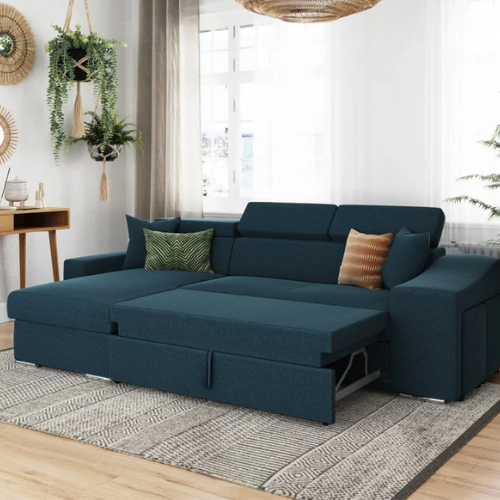 Canapé d'angle réversible, convertible avec coffre et 2 poufs en tissu