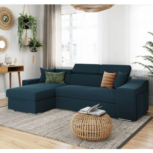 Canapé d'angle réversible, convertible avec coffre et 2 poufs en tissu