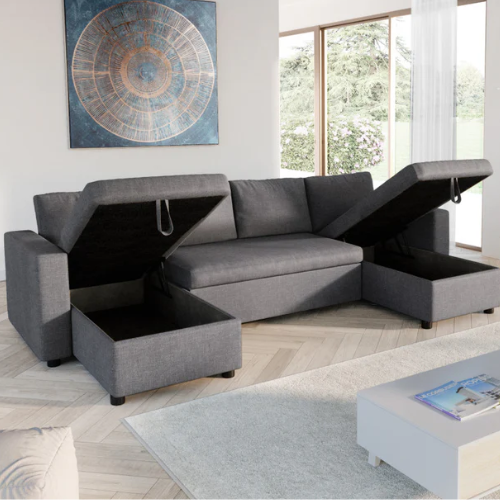 Canapé U panoramique convertible avec 2 coffres en tissu