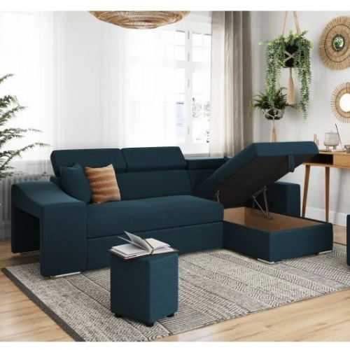 Canapé d'angle réversible, convertible avec coffre et 2 poufs en tissu