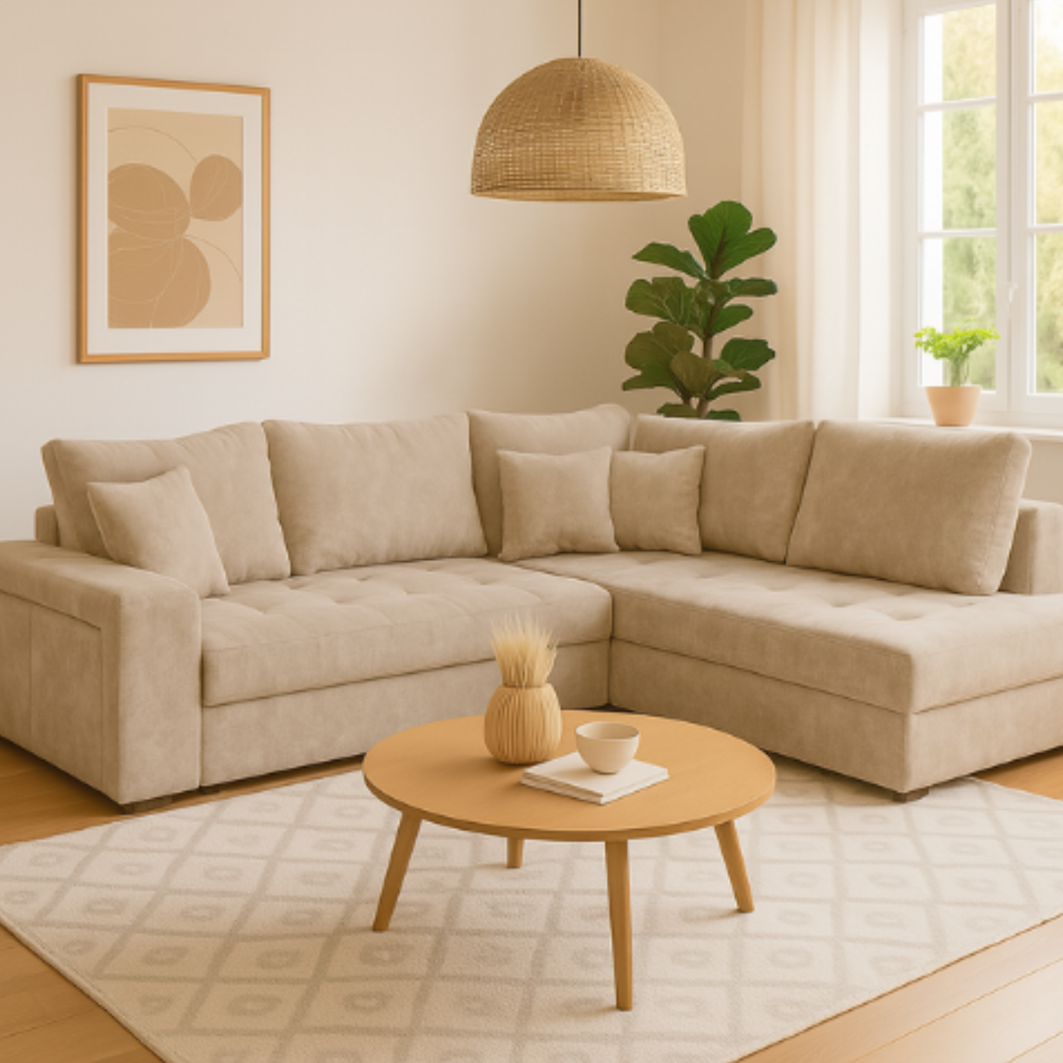 Canapé d'angle convertible avec 2 poufs et coffre en tissu