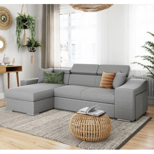 Canapé d'angle réversible, convertible avec coffre et 2 poufs en tissu