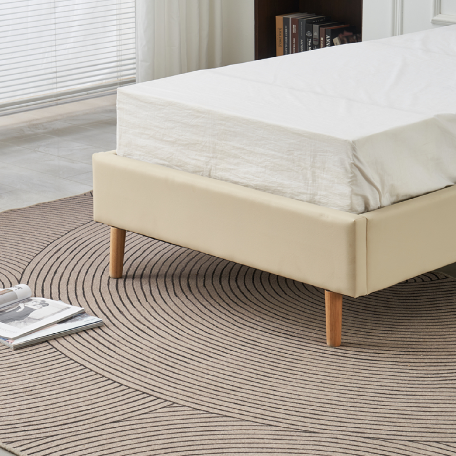 Lit Simple Pied Bois en Similicuir – Blanc, Beige, Noir, Gris – 90x190, 140x190, 160x200 cm