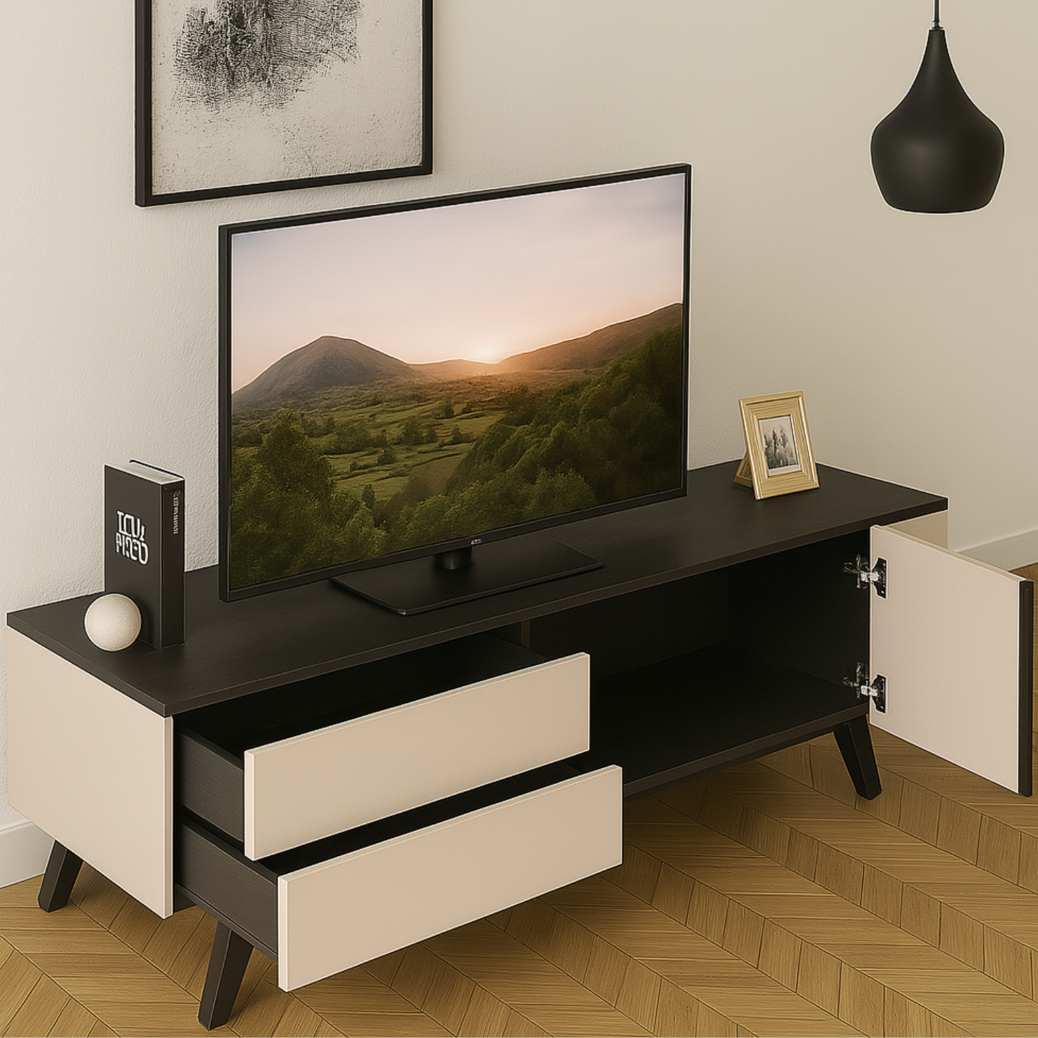 Meuble TV – Rangement Élégant avec Tiroirs à Extension Complète | Design Cachemire et Noir