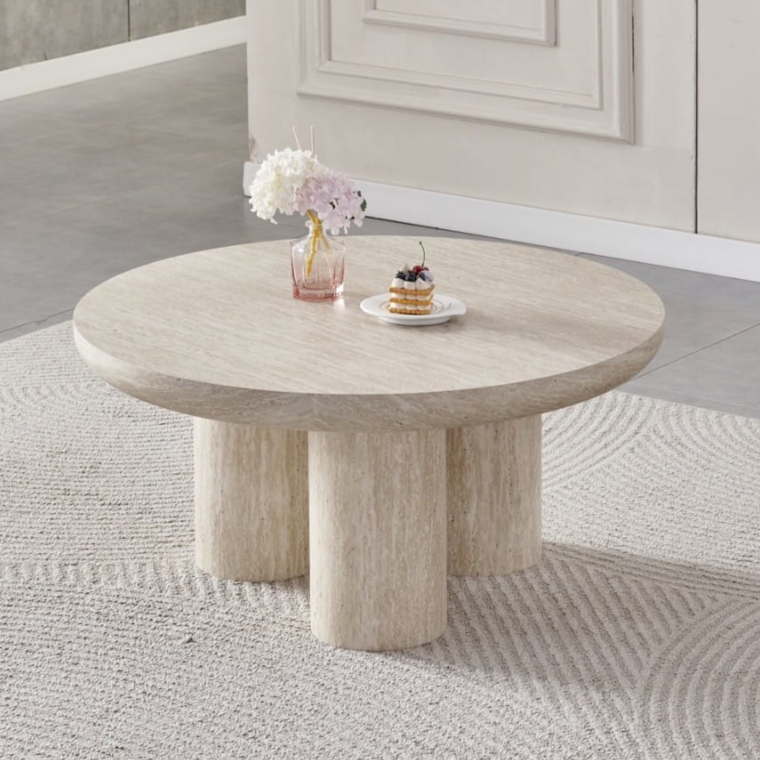 Table Basse Effet Travertin – Plateau et Piètement en Bois MDF 90 cm