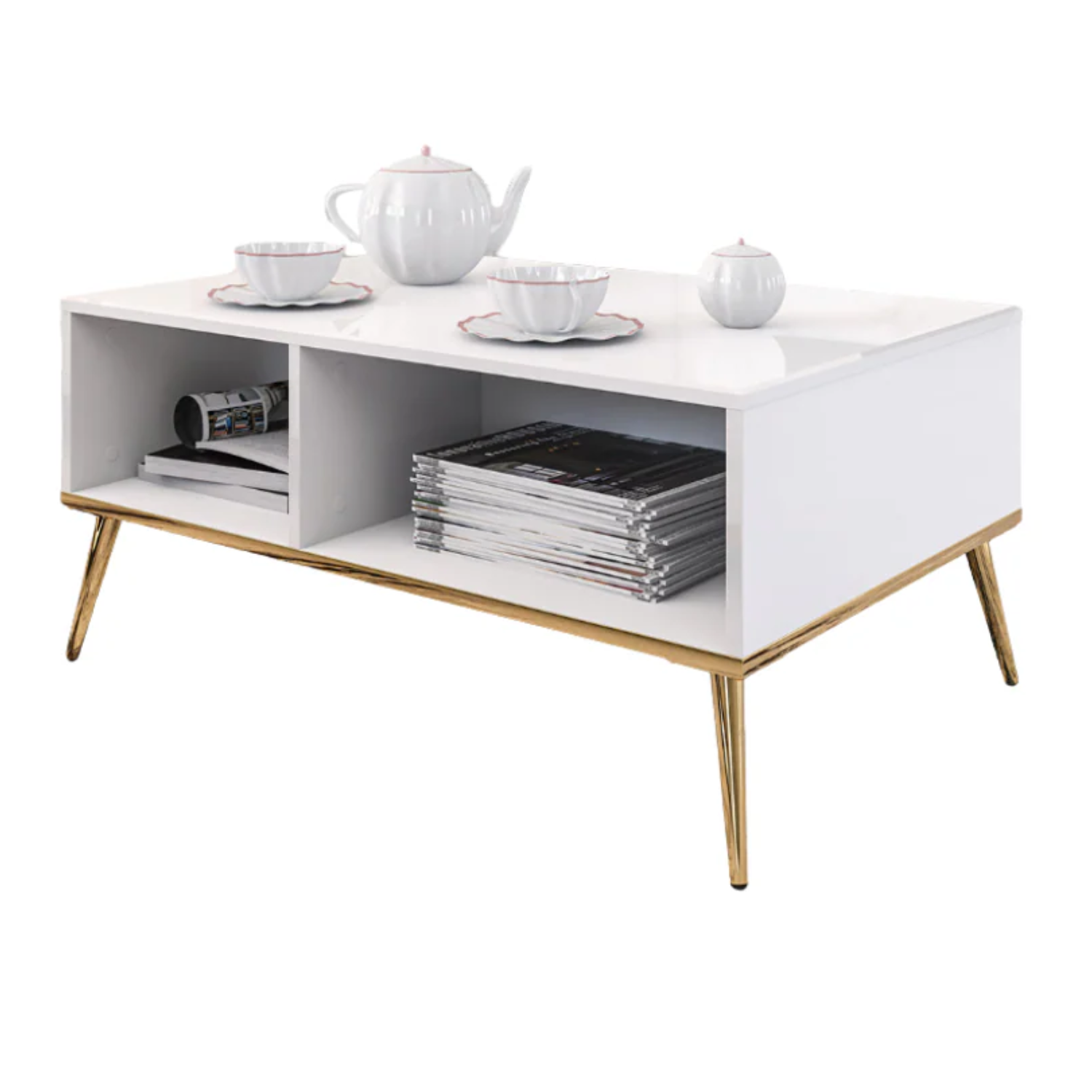 Table Basse Moderne en Bois Laqué Brillant avec pieds dorés
