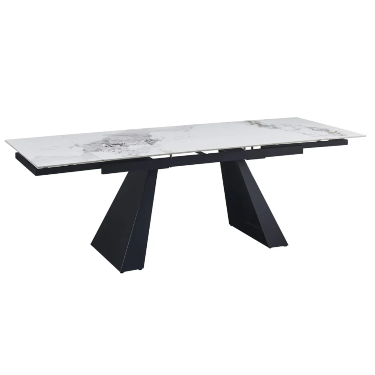 Table à Manger Extensible – Plateau Marbre Blanc et Verre Trempé, Pieds Métal Noir