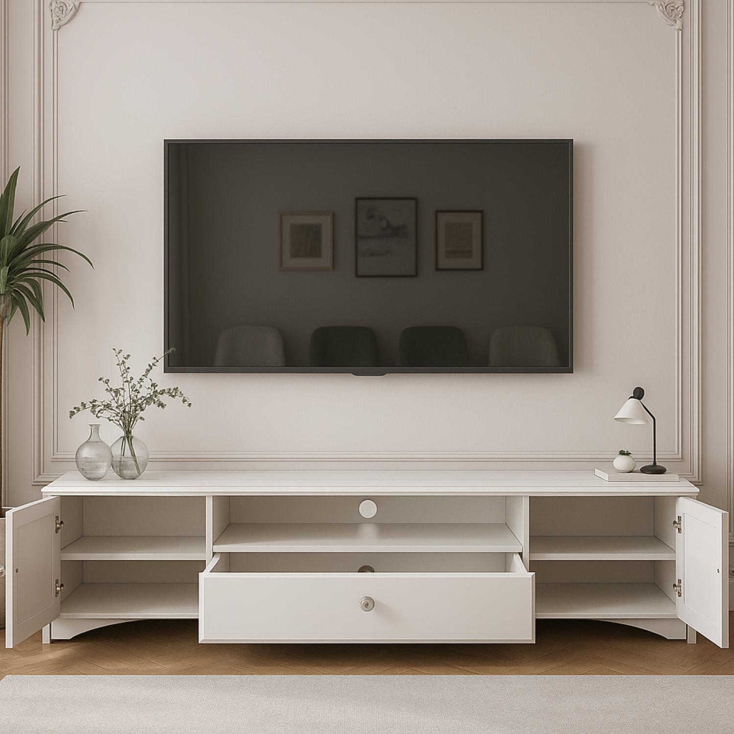 Meuble TV Moderne en Blanc Brillant avec Bordure ABS Durable et Tiroirs Spacieux