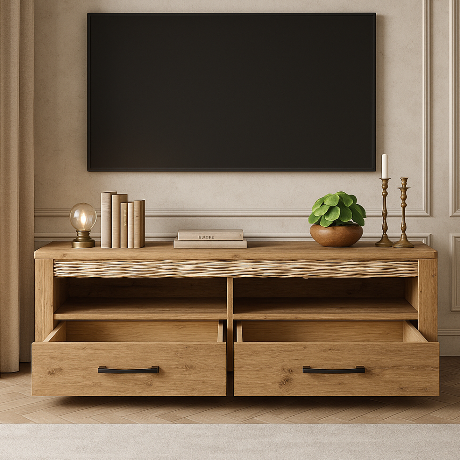 Meuble TV bas moderne – Collection Artisan Épure – Chêne artisanal & MDF rainuré – Tiroirs à extension totale