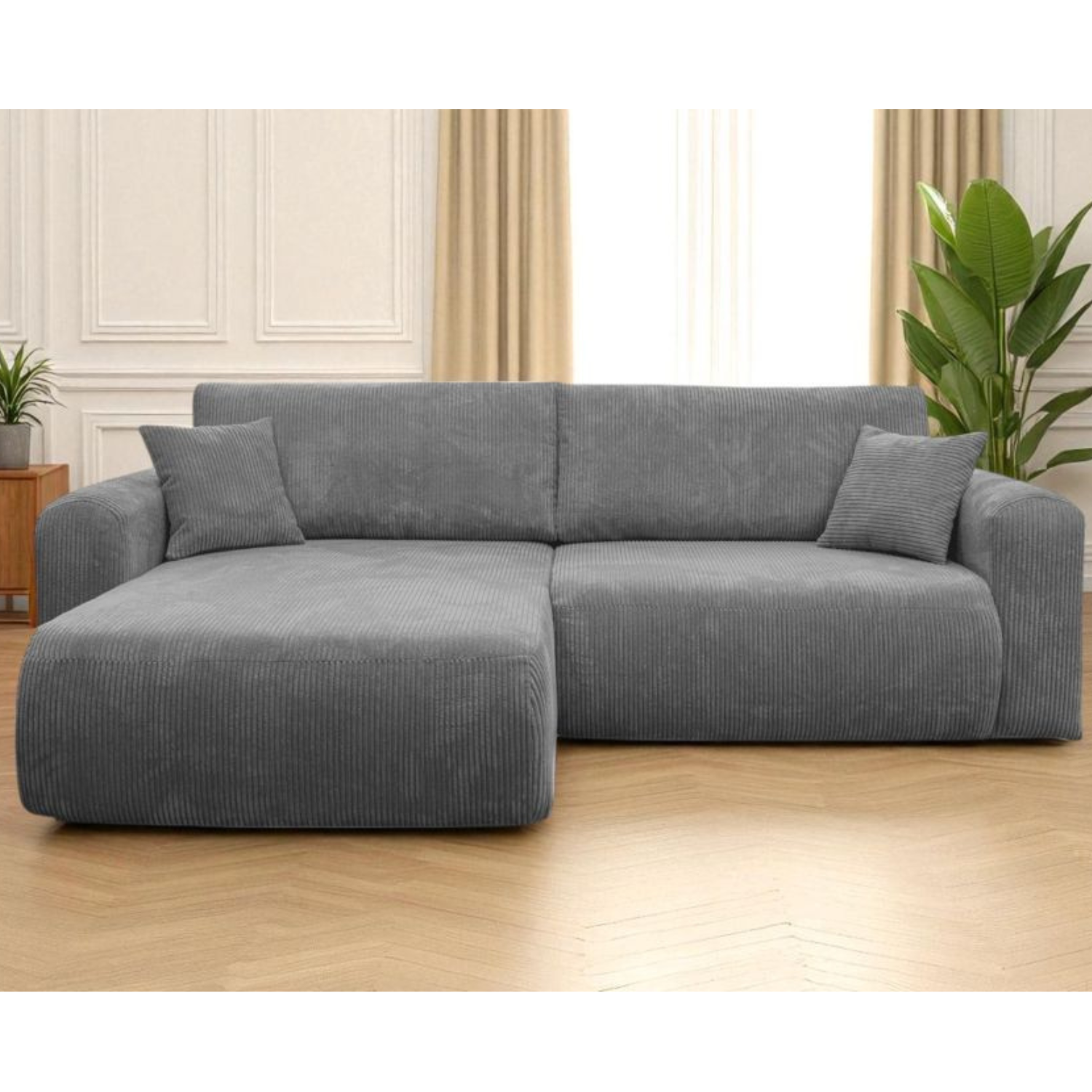 Canapé d’Angle Réversible – 4 Places – Convertible avec Coffre – Tissu Bouclette ou Velours Côtelé