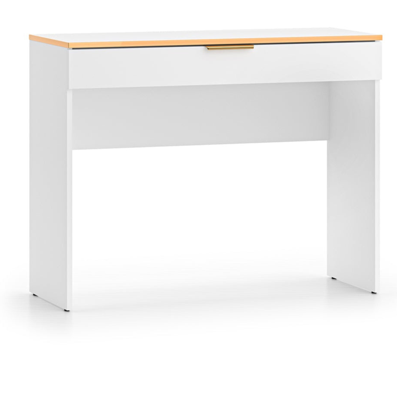 Coiffeuse en bois blanc laqué mat avec structure dorée avec rangement pratique