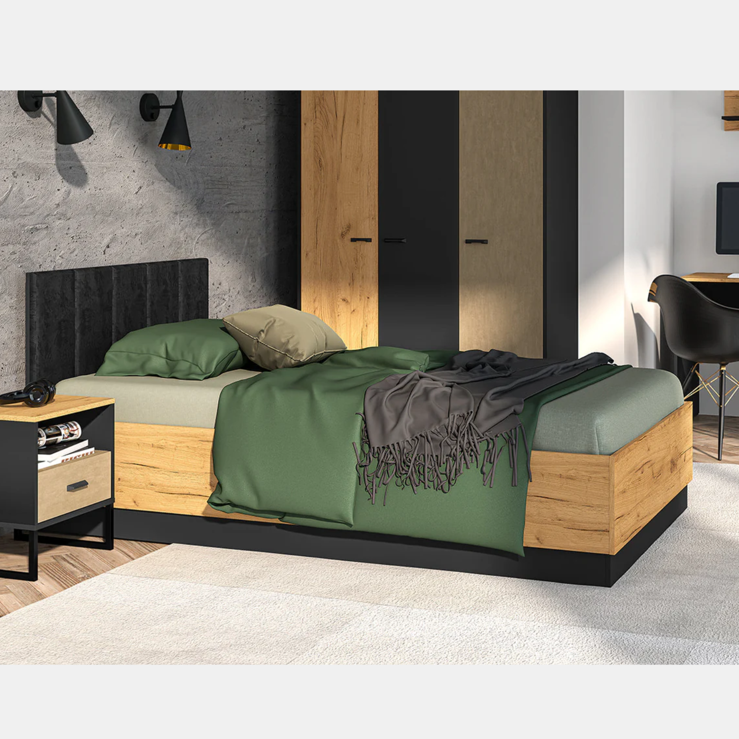 Lit en Chêne Craft Or et Noir avec Appuie-Tête en Velours Noir – Design Élégant et Résistant