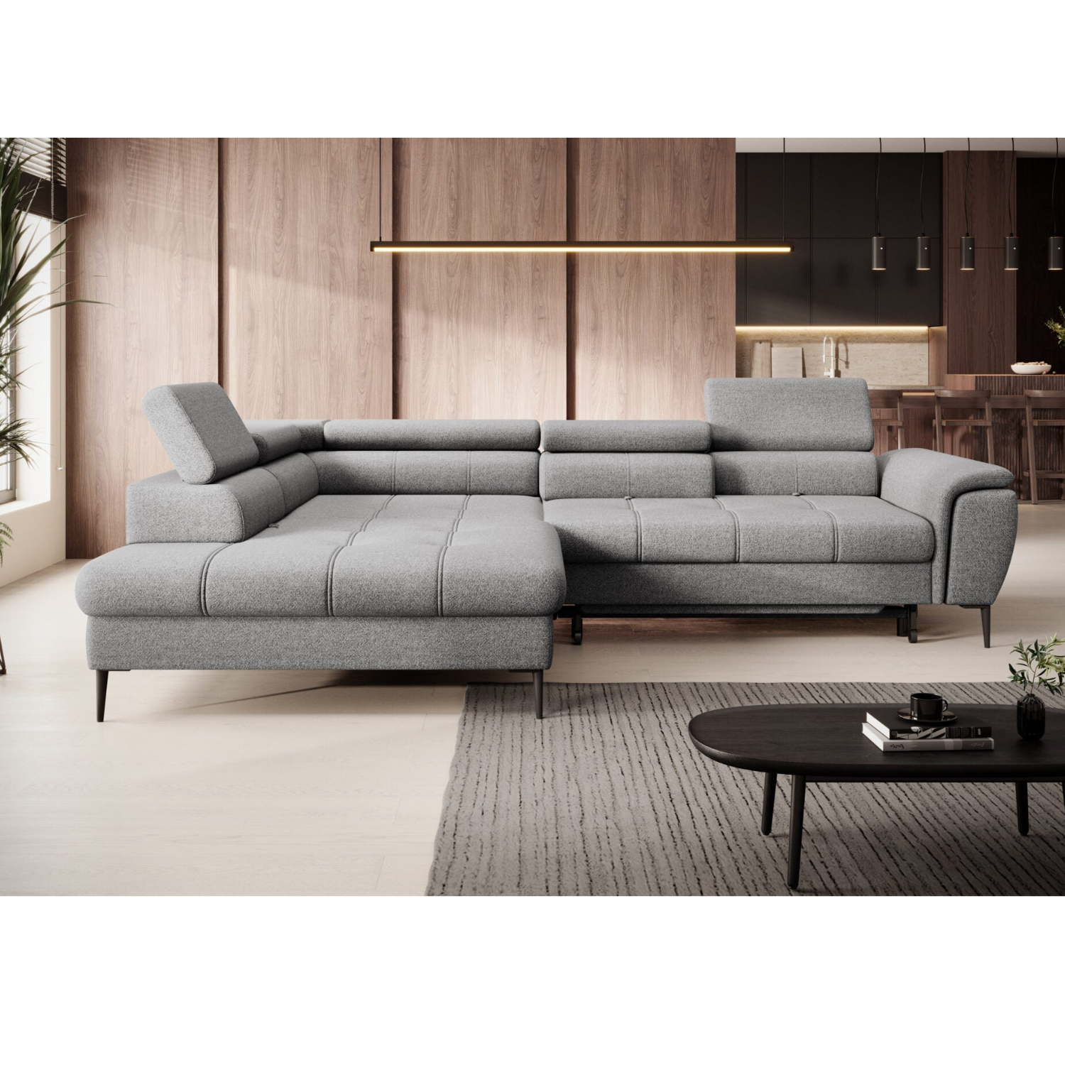 Canapé d’angle convertible moderne avec système d’ouverture DELFIN et dossier coulissant