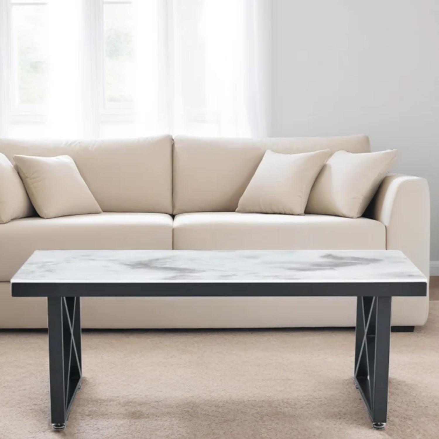 Table Basse Plateau en Marbre Blanc ou Noir et Pieds Métalliques
