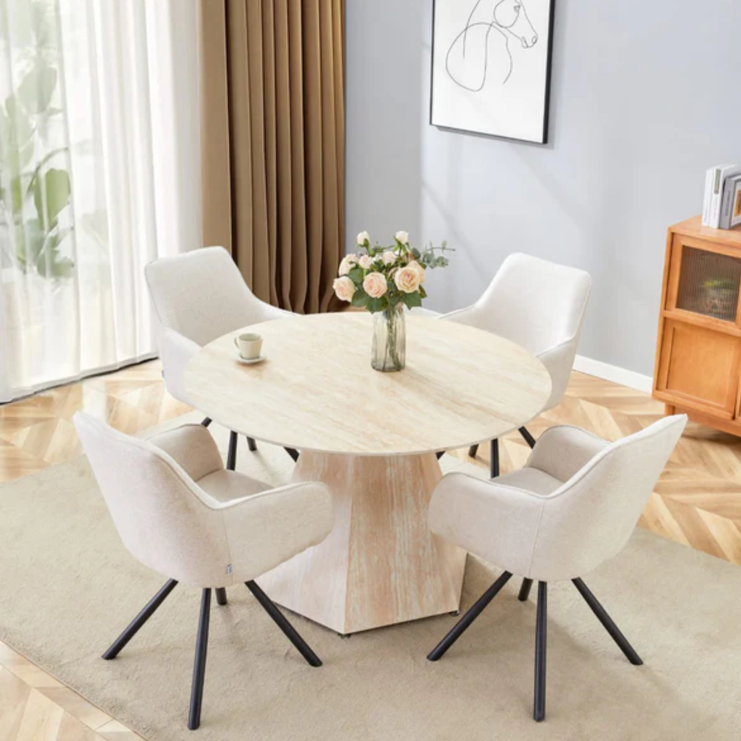 Table à manger – 120 cm – Plateau en céramique effet travertin mat