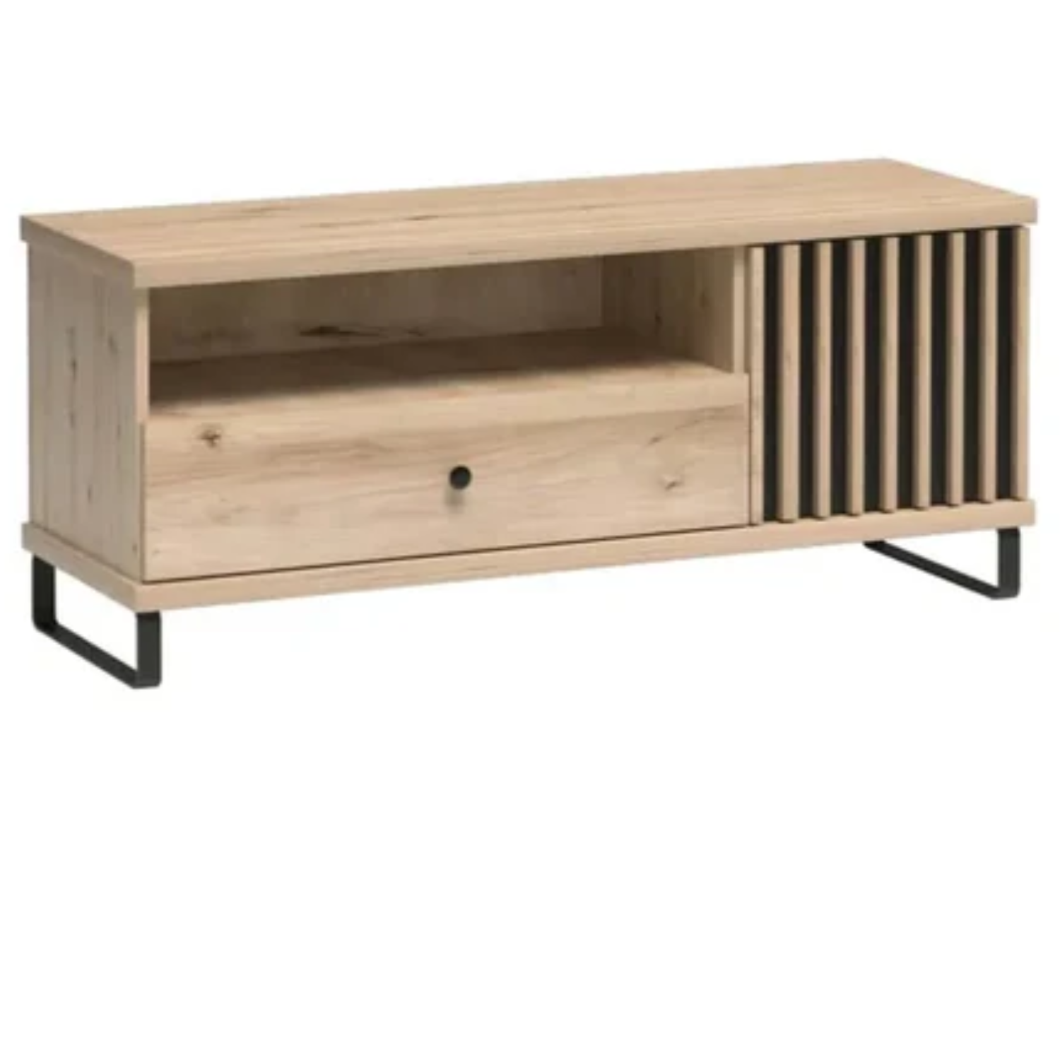 Meuble tv innovant avec tiroir central et armoire, design moderne avec façade noire à lattes et finition Artisan naturelle